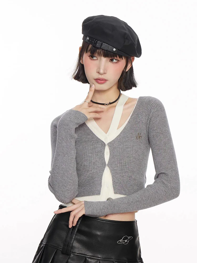 Streetwear Y2k Cropped Sweaters Women Sexy Slim Hollow Out Knitted Cardigan Vintage Harajuku Long Sleeve Lady Letter V Neck Tops