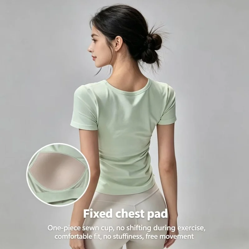 Summer Short Sleeve Padded Sports Tee for Women Slim Fit Quick Dry Breathable Yoga Top Gym Pilates Running Workout Athletic Top