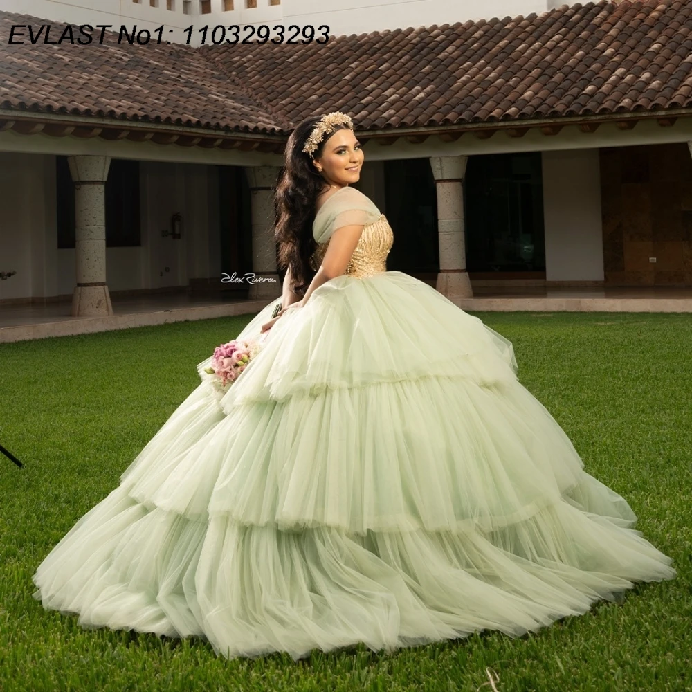 EVLAST Customized Princess Green Quinceanera Dress Ball Gown Applique Beaded Crystal Tiered Sweet 16 Vestido De 15 Anos E1Q65