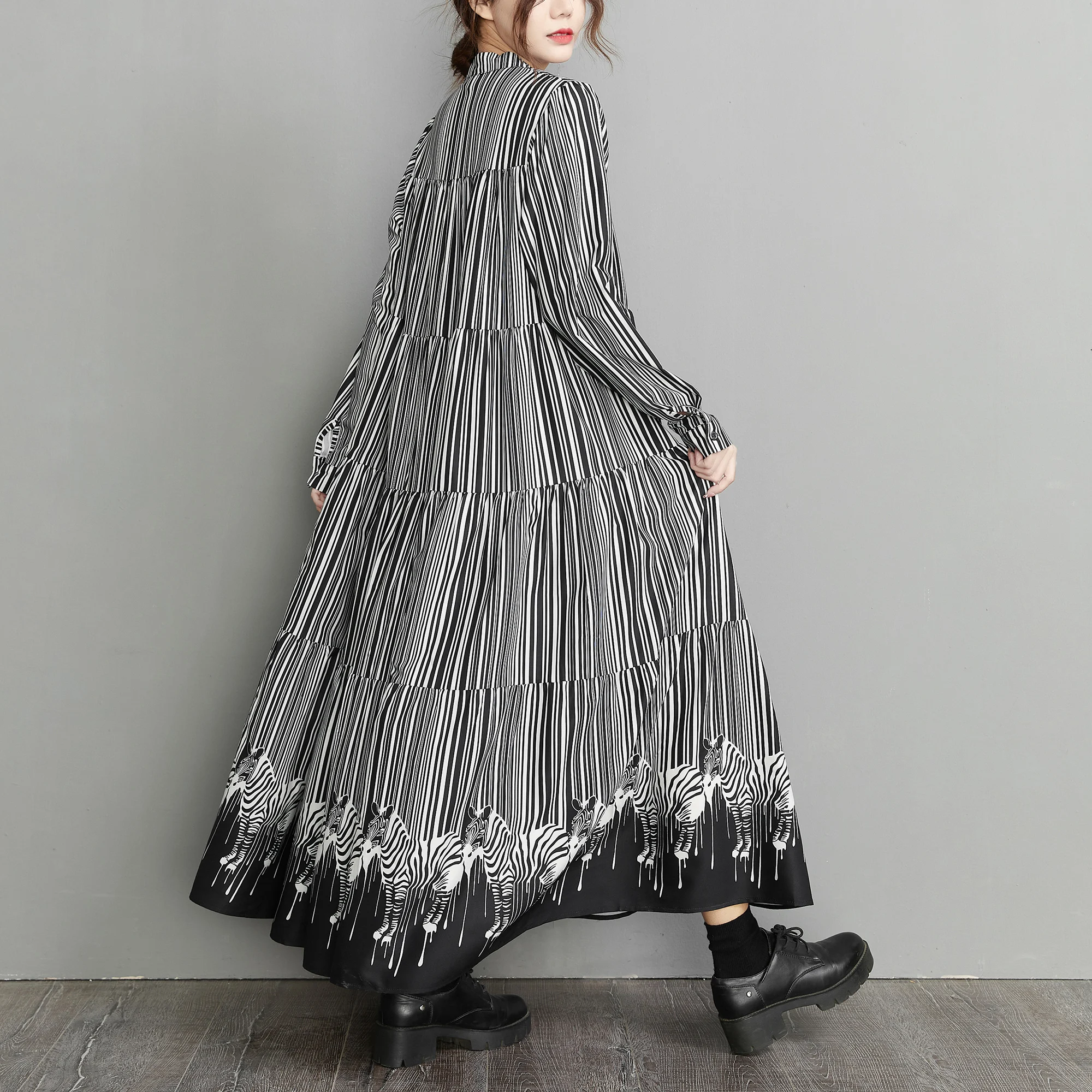 Spring  plus Size Women's Long Sve Dr Vintage Striped Patchwork Loose Base Skirt A-Line Briti Sle Commute Dr