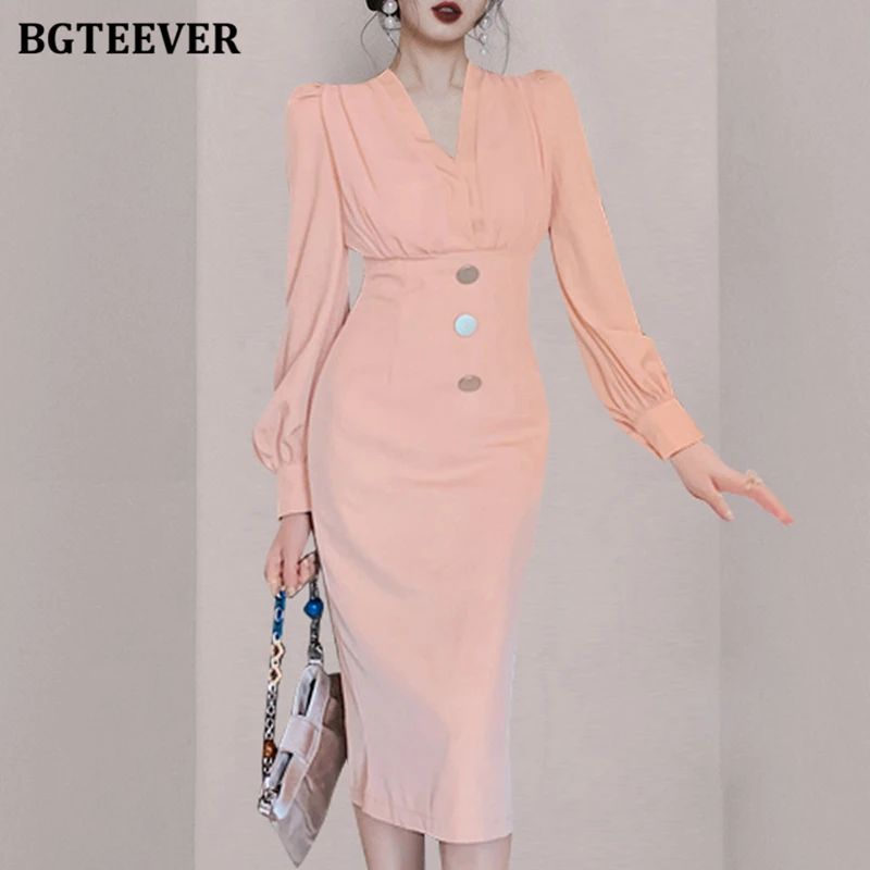 

BGTEEVER Autumn Fashion Long Sleeve V-neck Ladies Package Hip Bodycon Dress Elegant Slim Waist Women Skinny Dress OL Vestidos