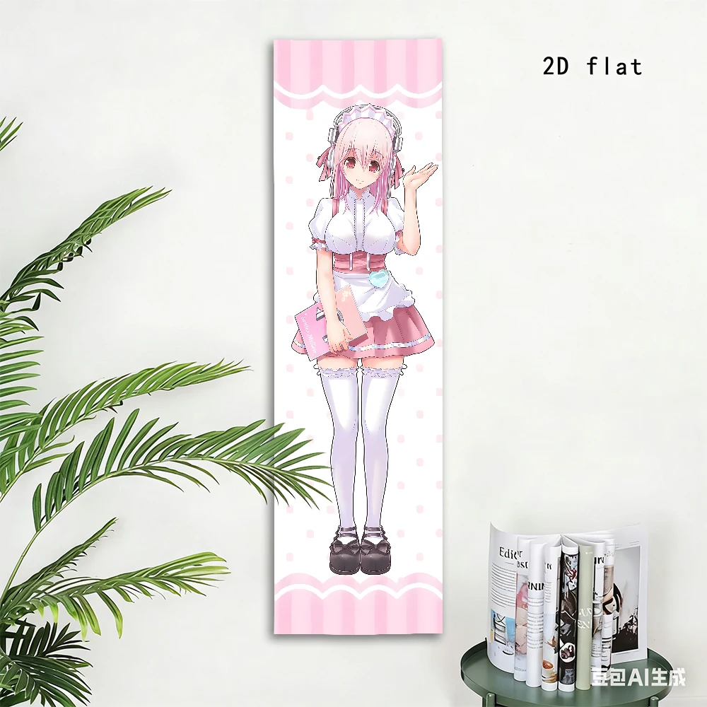 Super Sonico Maid Outfit Vertical Tapestry, Pink Polka Dot Wall Scroll, Kawaii Anime Long Hanging Decor for Bedroom, Otaku Room,