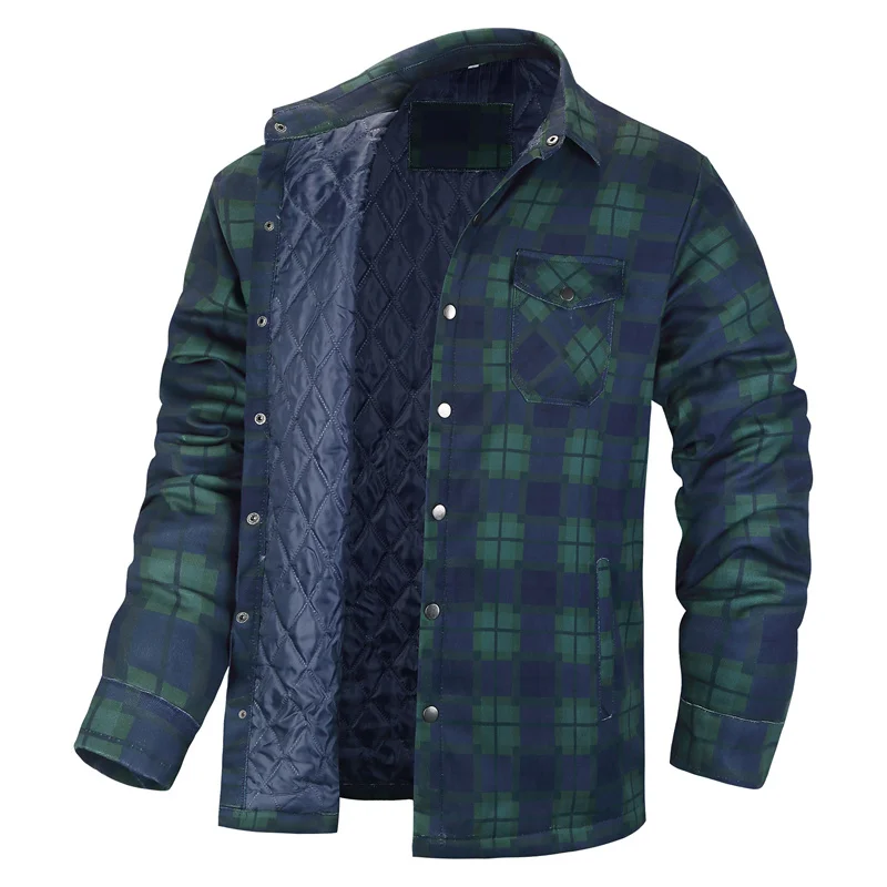 Winter Plaid Shirts For Mens Thick Green Checked Shirt Jacket Casual Long Sleeve Quilted Jackets Big And Tall EUR/US Size S-5XL