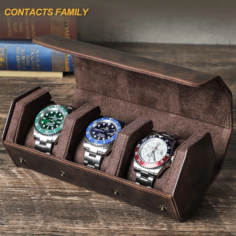 

New Vintage Coffee Colored Cowhide Watch Storage Box 3 Capacities Hexagonal Handmade Genuine Leather Holiday Watch Box Gift Box