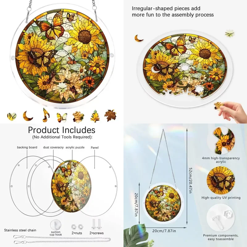 Sunflower Theme Irregular Shape Acrylic Puzzle Window Decoration Pendant DIY Home Garden Suncatcher Ornament