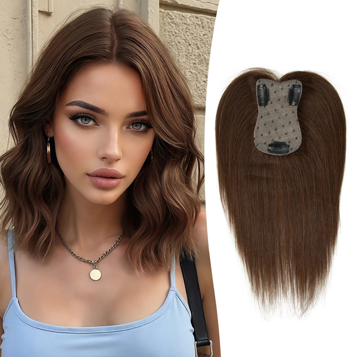 

7cm*11cmLace area Real Human Hair Topper for Women Daily 360° 3D Hair Pieces with Thinning Hair Middle Part Clip in Bangs8"-14"