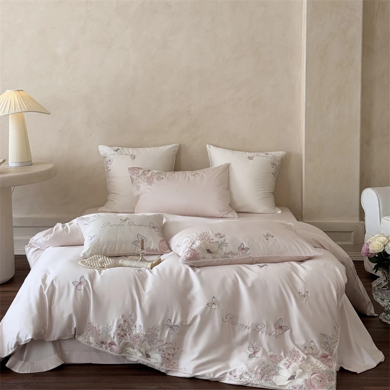Flowers Butterfly Embroidery Hollow Lace Edge Bedding Set 1000TC Egyptian Cotton Duvet Cover Flat/Fitted Sheet Pillowcases 4Pcs
