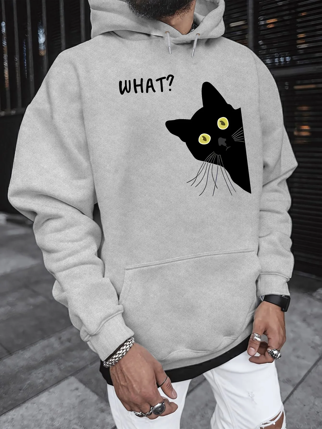 Relaxed and cozy men's hoodie with cute and playful cartoon pet print. Cute, simple, retro American street style hooded hoodie.