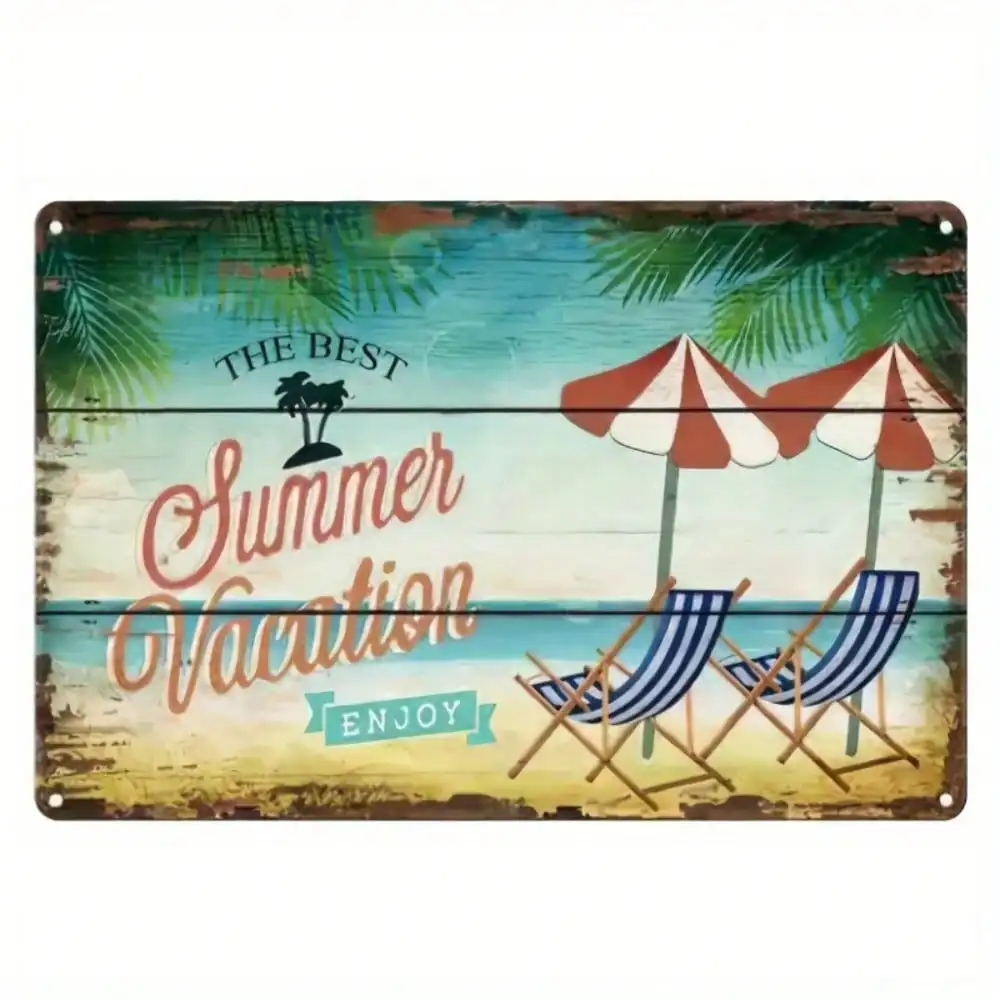 

1pc Summer Vacation Tin Sign Beach Decor Vintage Wall Art Coastal Home Bar Tiki Bar Decor Back-to-school season Autumn gifts