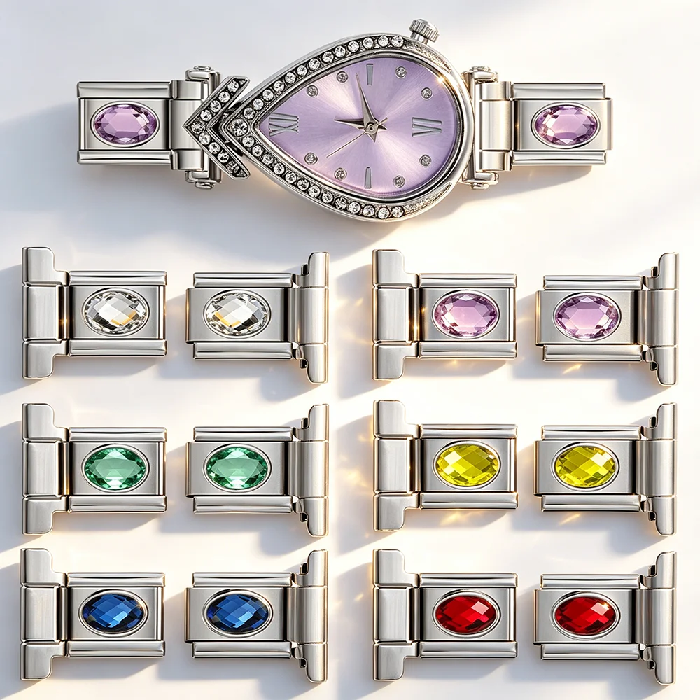 Modischer silberfarbener Uhrenarmband-Verbinder, ovaler bunter Zirkonia-Italienischer Charm-Link, passend für 9mm Edelstahl-Schmuckherstellung DIY – Detail 1