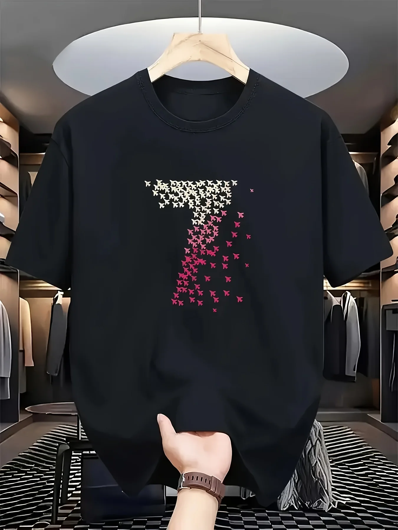 Round-Neck Short-Sleeve T-Shirt Featuring an Artistic Design with a Gradient of Soft Yellow And Pink, Adorned with a Flock of Flying Birds. This Piece Embodies a Blend of Lightness, Freedom, And Natural Aesthetics in Its Style