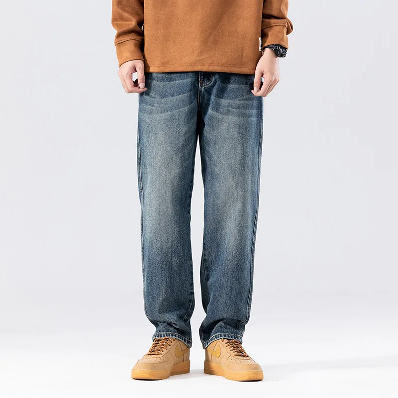 

2025 Autumn Jeans Men Wide Leg Trousers Distressed Jean Loose Solid Zipper Fly Mid Waist Washed Pockets Straight Trousers