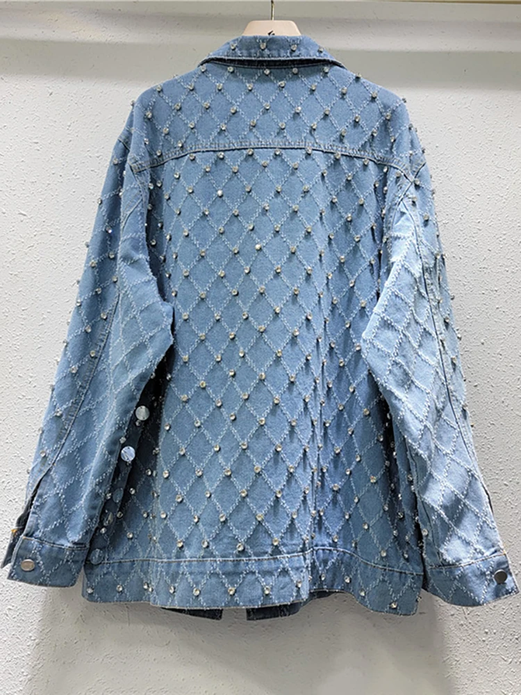 Deat Fashion Dames Denim Jas Diamant Pailletten Enkele Rij Lange Mouw Doen Oude Blauwe Jassen 2024 Lente Nieuwe Items 29l7377