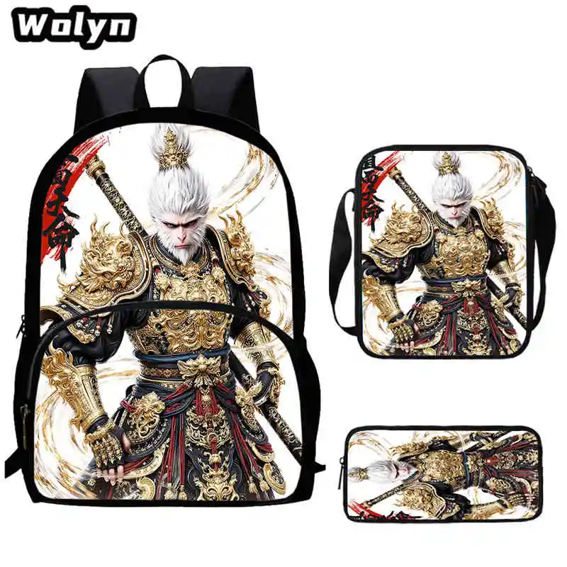 Cartoon Black Anime Myth Wu-King Child Backpack,Shoulder Bags,Pencil Bags for 4-8 Years Old School Bags for Boys Girls Best Gift