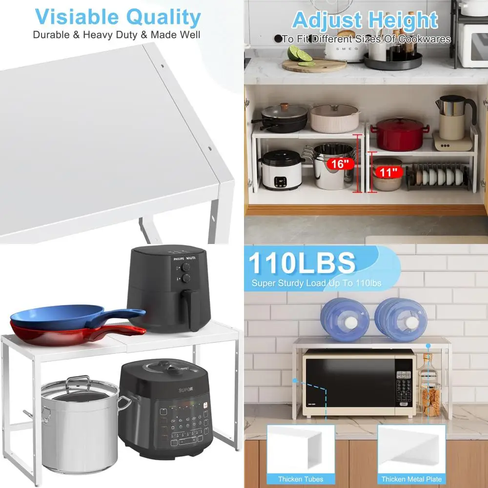 

Heavy-Duty Adjustable Metal Kitchen Shelving, 110 lbs Capacity, White, for Appliances and Pantry Storage