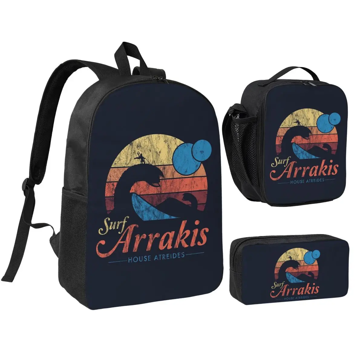 

Visit Arrakis Distressed Surf Dune Sci Fi Backpack BookBag School Bag Computer Shoulder Bags 3ps Insulated Lunch Bag Pencil Case