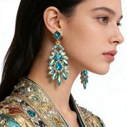 Colorful Lake Blue Iridescent Crystal Rhinestone Long Big Dangle Earrings Women Boho Ethnic Statement Wedding Party Earrings
