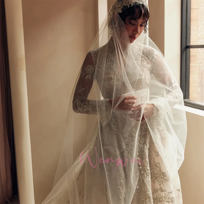 Luxury V-Neck Long Sleeve Romantic Design A-line Beauty Elegant Wedding Bride Dress Shimmering Customized Vestidos De Novia