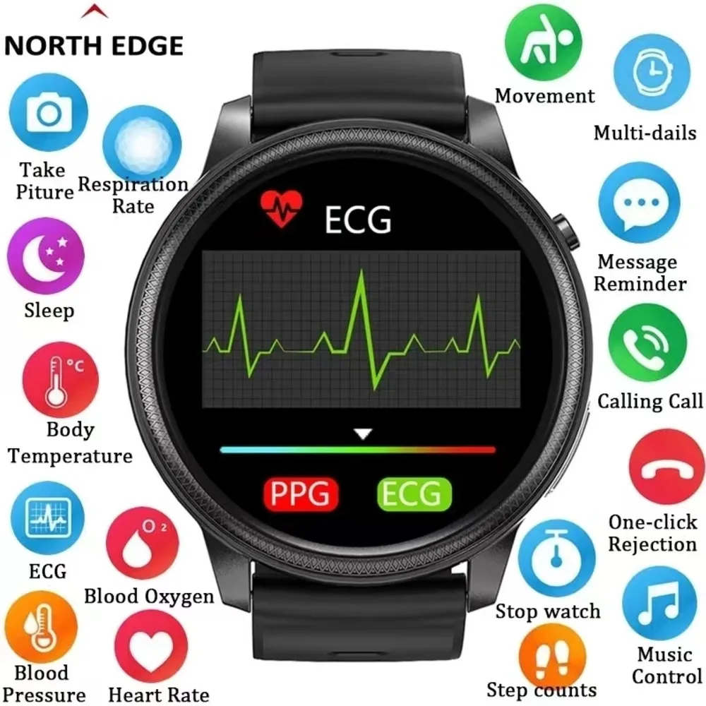 

NORTH EDGE Smart Watch For Men ECG Watch Sleep Health Blood Pressure Oxygen Monitor Smartwatch Silicone Men Watch Reloj Hombre