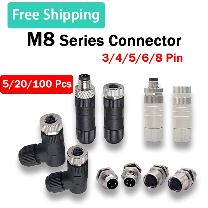 

5/20/100 Pcs M8 Sensor Waterproof Connector 3/4/5/6/8 Pin Flange/Straight/Right Angle Male Female Aviation Plug Socket Cable