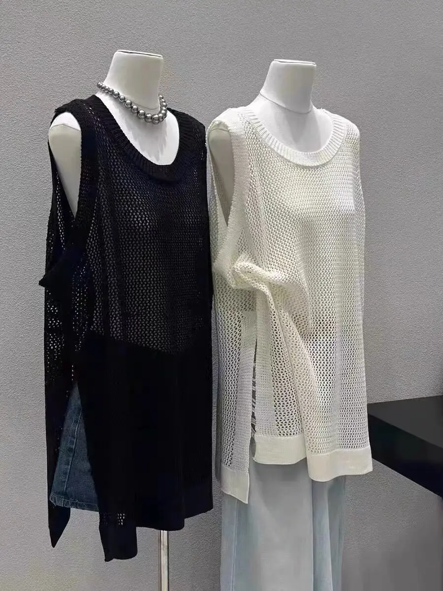 Loose Mid-Length Sleeveless Knitted Ice Silk Vest Women's round Neck Hollow out Design Summer Thermal Cover up Top