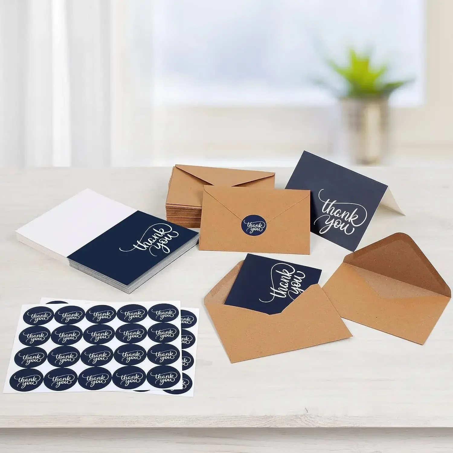 150pcs of 50sets Kraft Paper Navy Father's Day Thank You Cards Business Appreciate Cards Matching Stickers and Envelope Sets