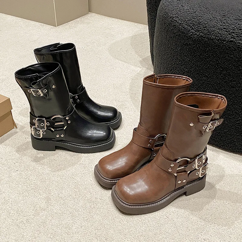 Vintage Cowboy Biker Boots Women Brown Leather‑Look Metal Ring Buckle Mid‑Calf Casual Festival Footwear