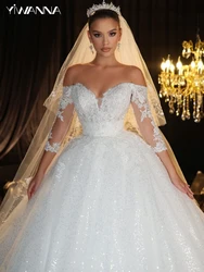 Vestido De Novia elegante con hombros descubiertos, Vestido De Novia clásico con Apliques De encaje, Vestido De Novia largo De lujo brillante con corte en A, Vestido De Novia