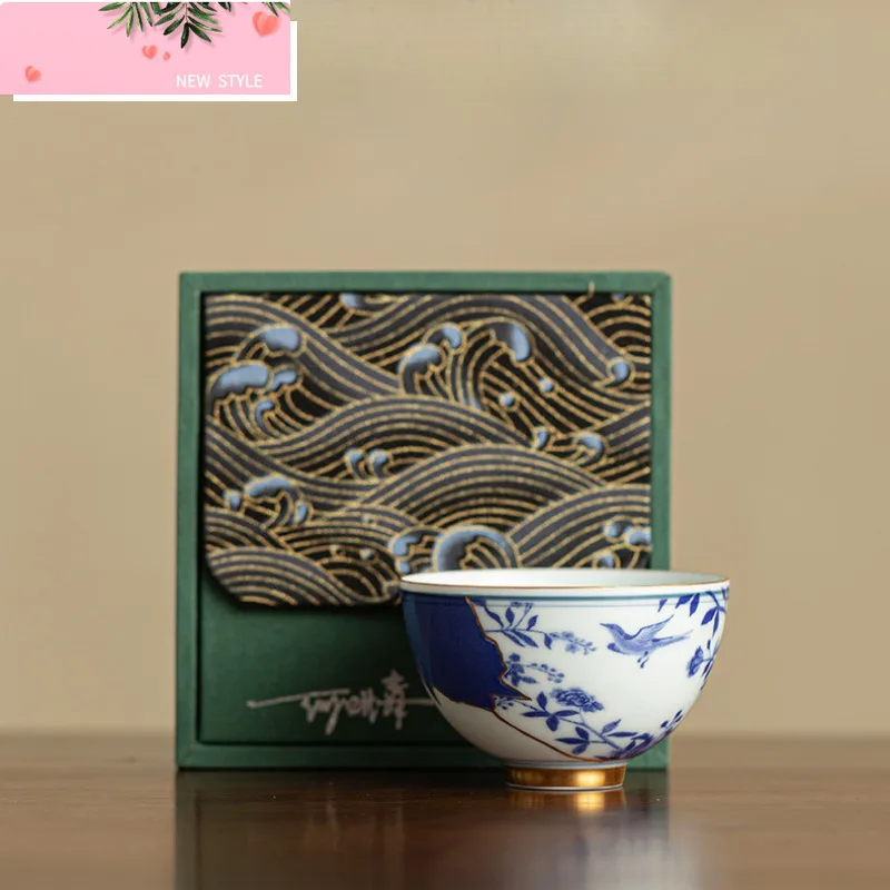 

120 мл Цзиндэчжэнь, сине-белая фарфоровая чашка, ручная роспись, позолоченная чашка, чашка для медитации, личная чаша для чая, набор подарков