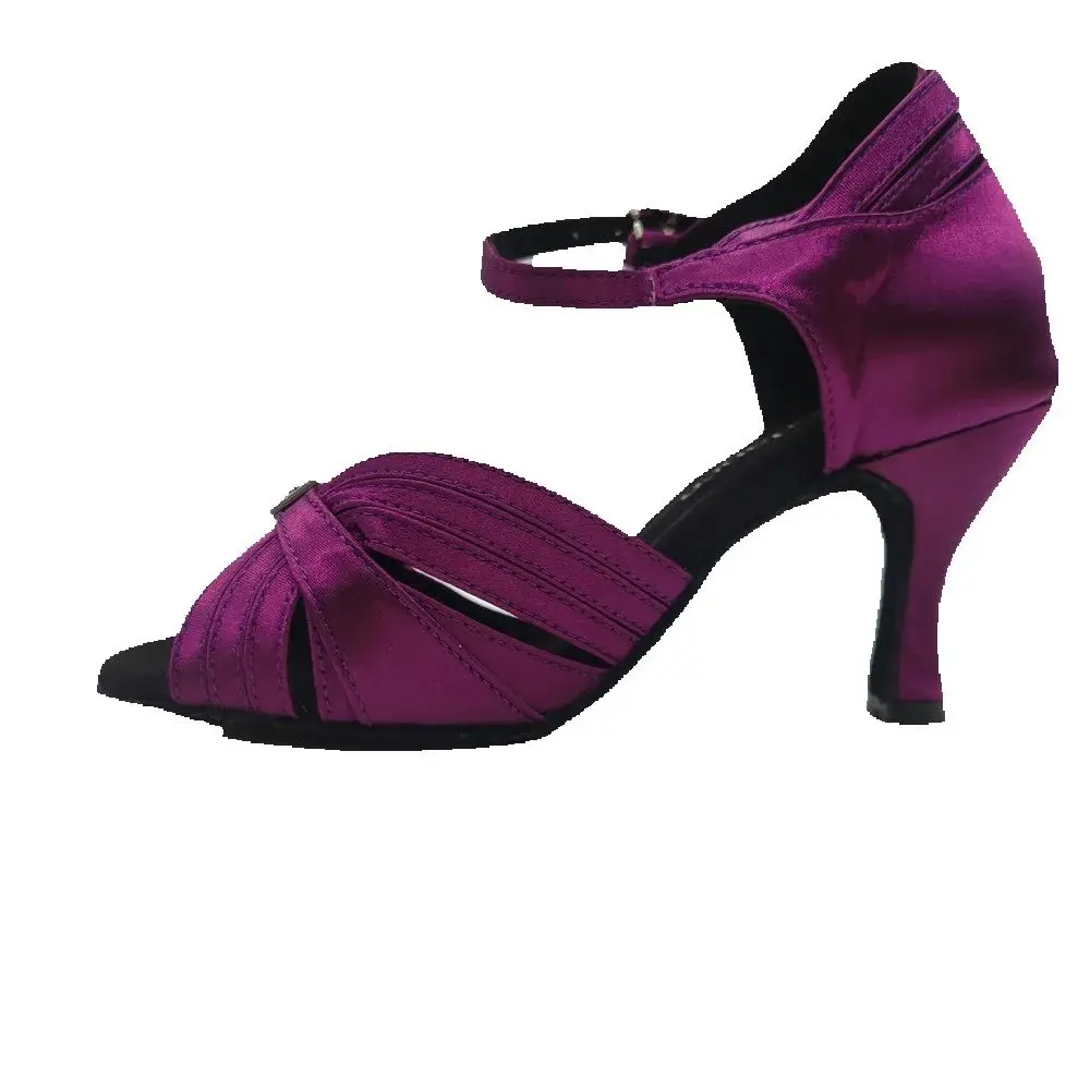 Evkoodance Dance Shoes Women 7cm Heel Salsa Dance Shoes Crystal Buckle Purple Suede Sole Ballroom Latin Footwear for Club Party