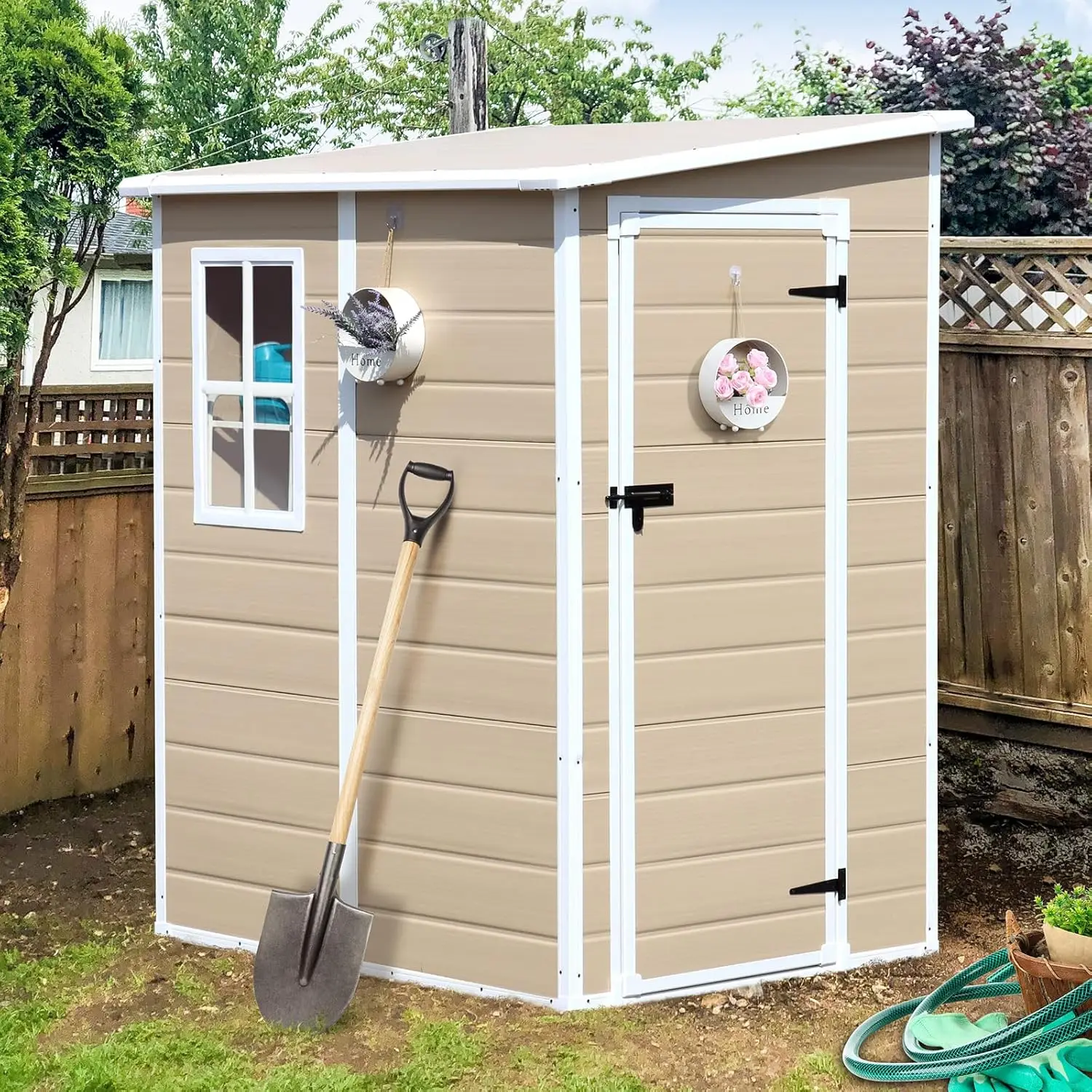 

Outdoor Storage Shed, Waterproof Resin Storage Shed with Floor & Window & Lockable Door, Tool Shed for Garden Patio, Backyard