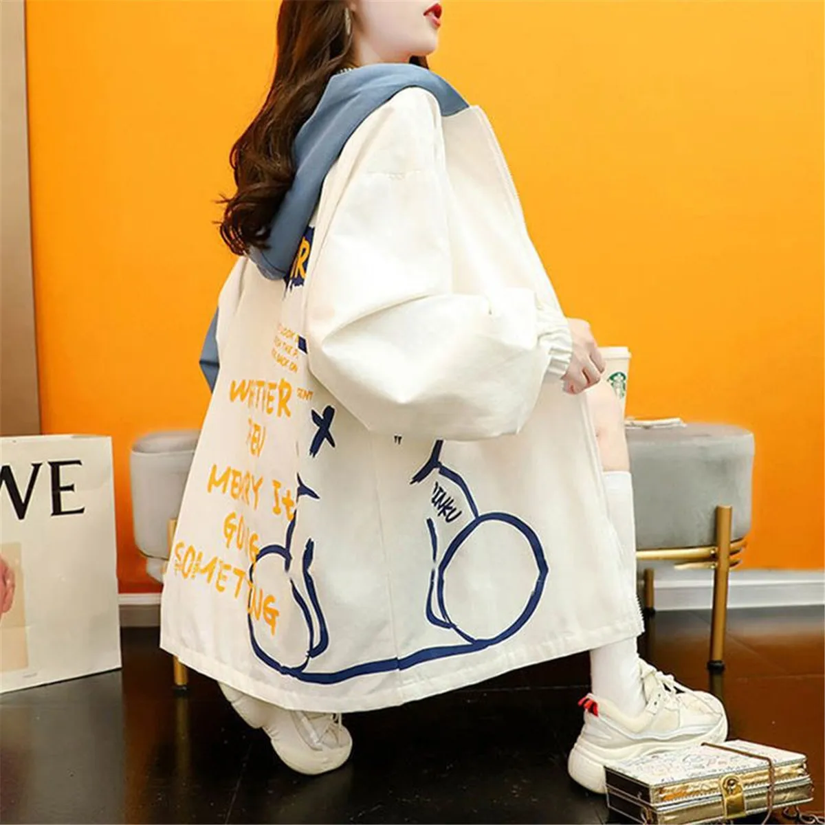 Fashion Patchwork Bear Hoodie Women Harajuku Kpop Jacket Loose Hip Hop Tops Autumn Hooded Sweatshirt Zip Up Hoodie Streetwear