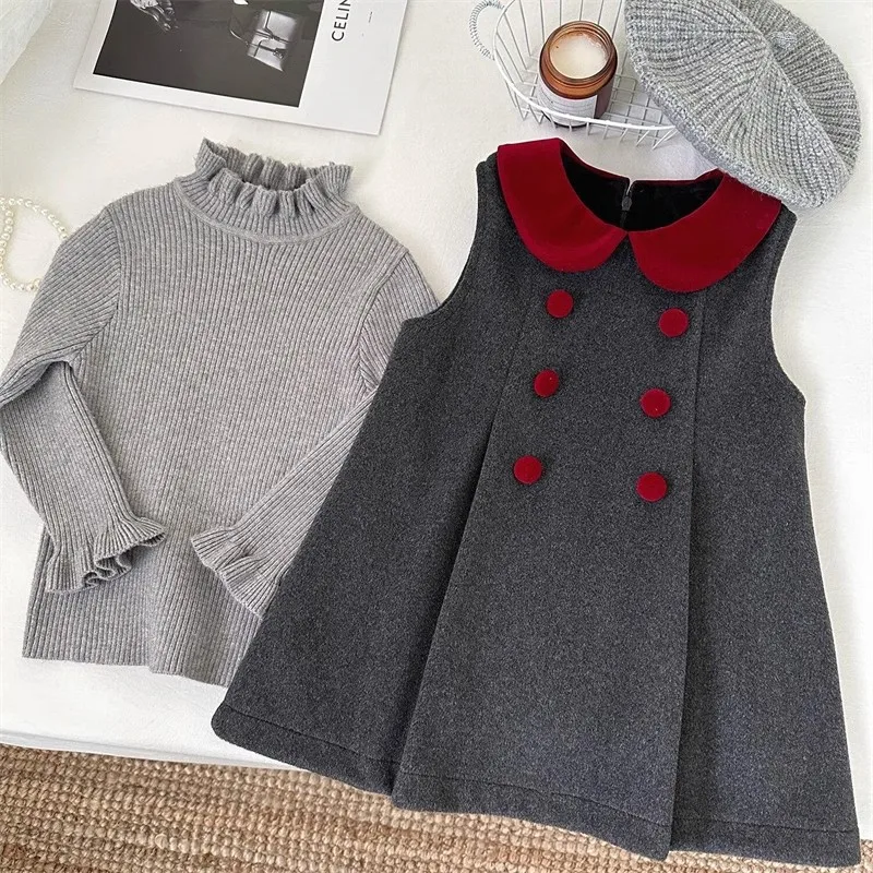 

TOY-Winter New Girls' Elegant Thickened Vest Dress Baby Stylish Base Shirt Sleeveless Dress Set