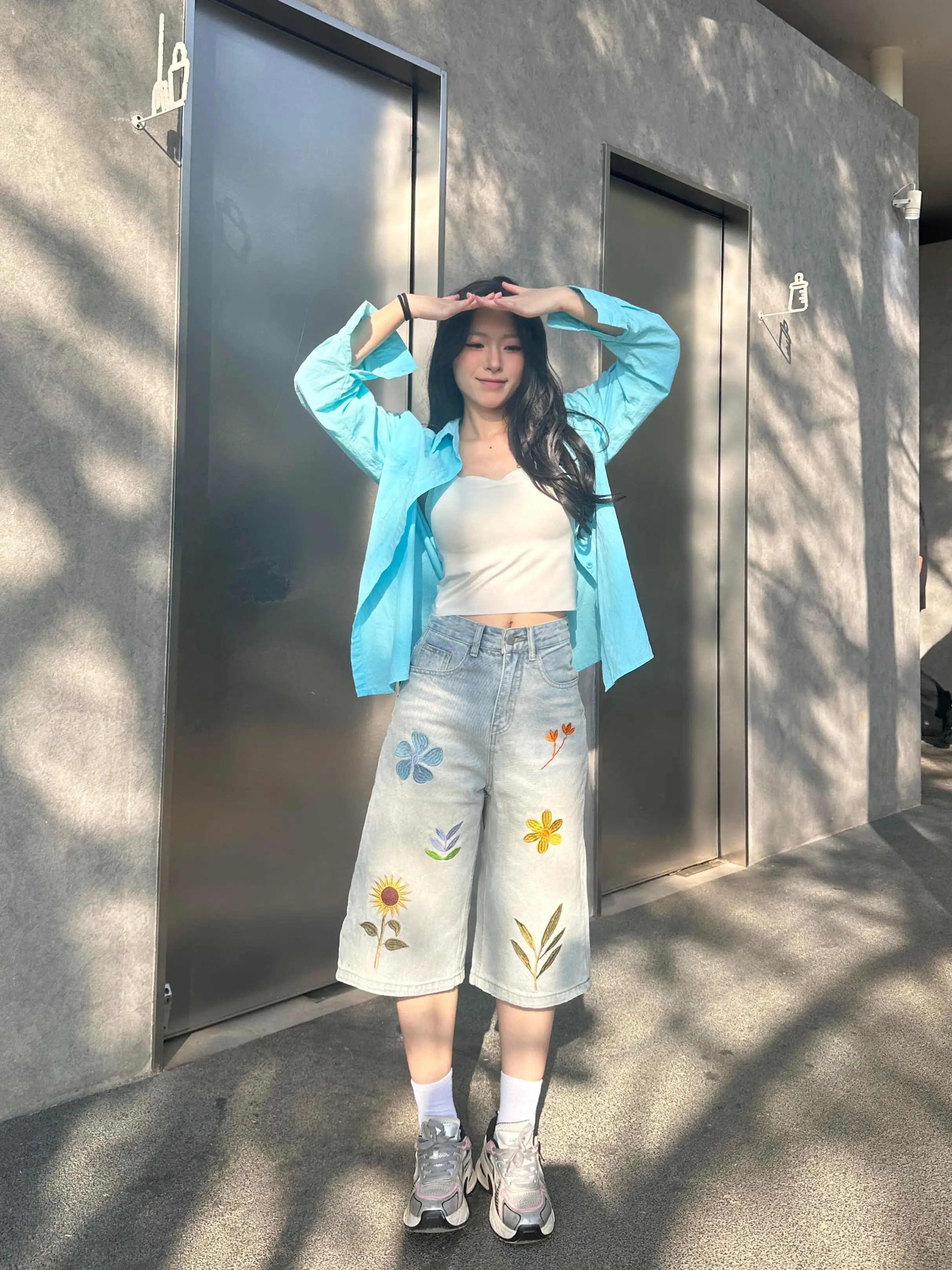 빈티지 꽃 자수 Y2k 청바지 여성 여름 루즈핏 와이드 레그 데님 반바지 하이웨이스트 스트릿웨어 캐주얼 숏 팬츠