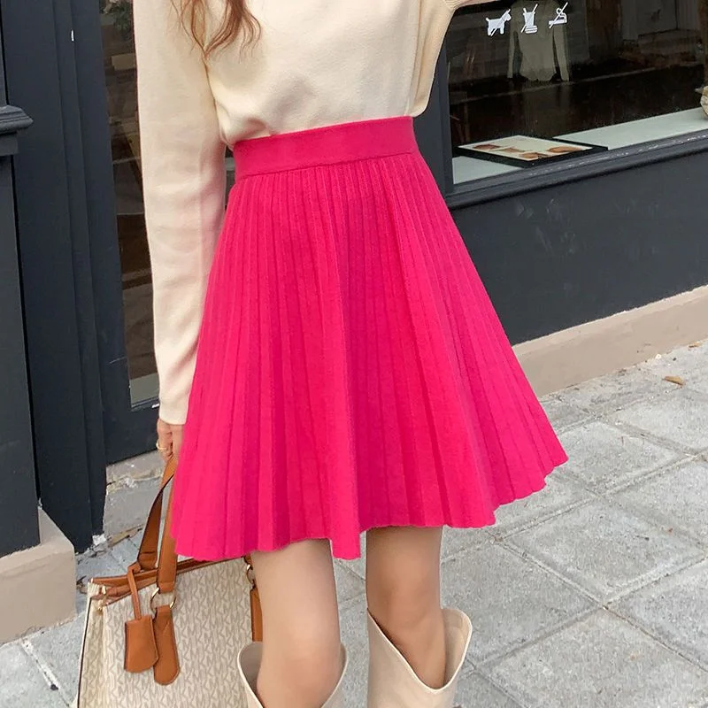 Women Skirt Short Green Beige Black Knitted Pleated Skirt A-Line High Waist Korean Spring Autumn Winter Skirt mujer faldas