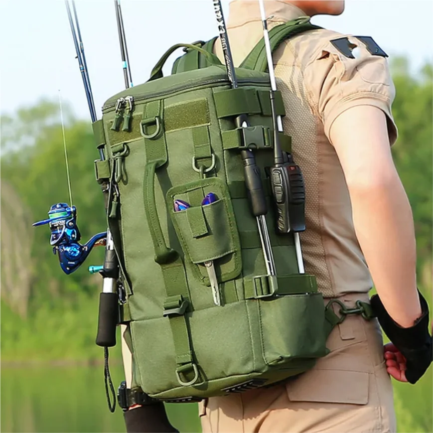 

Military Style Tactical Fishing Backpack with Rod Holders for Fishing Equipment Storage and Outdoor Camping Hiking