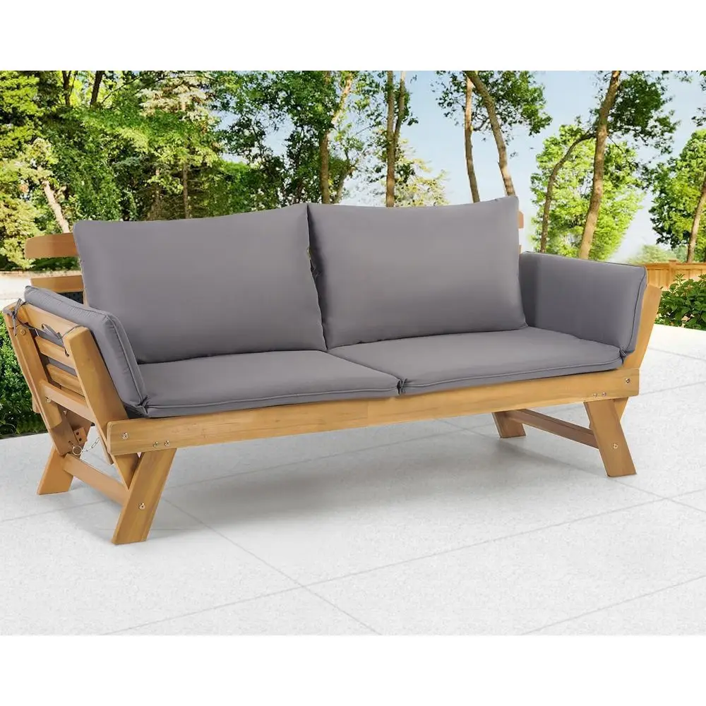 Outdoor Couch Patio Couch Daybed with Adjustable Armrest, Wooden Loveseat with Cushion and Pillow, and Expandable Plate