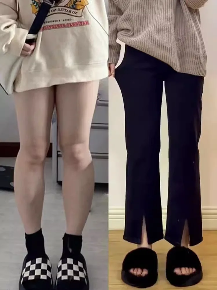 High Waist Slit Slim Straight Jeans Women's Spring Autumn plus Size Pear Shape Small Figure Elastic Smoke Tube Pants