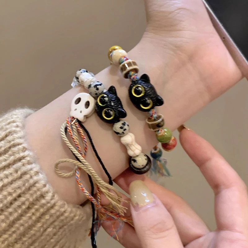 Ceramic Big Eye Cat Bracelets Fashion Adjustable Size Tassels Braided Rope Bracelet Skull Accessories Hand Jewelry