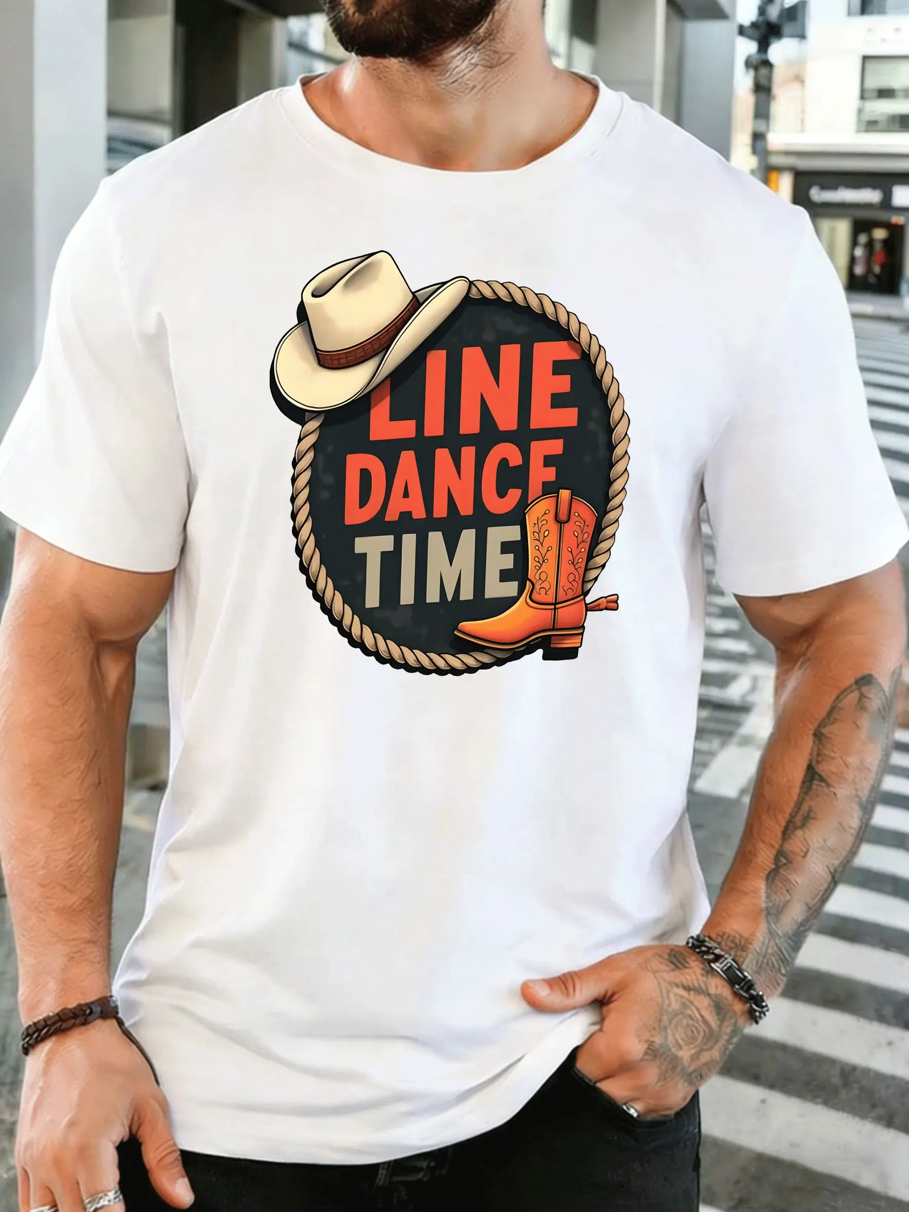 Line Dance Time Cowboy Hat And Boots Mens Front Print T Shirt Western Country Graphic Tee Casual Short Sleeve Top Dancer Gift