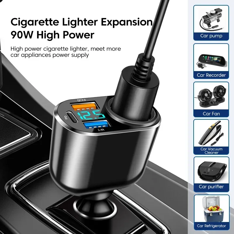 66W Car Cigarette Lighter Socket USB Car Charger QC3.0 PD3.0 Splitter Charger Adapter Power Socket with LED Display Fast Charger