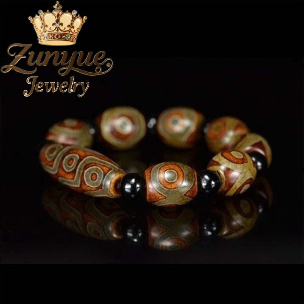 Natural Agate Dzi Bracelet Vintage Pattern Tube Round Beads Elastic Wristband Unisex Retro Gemstone Hand Jewelry Accessories