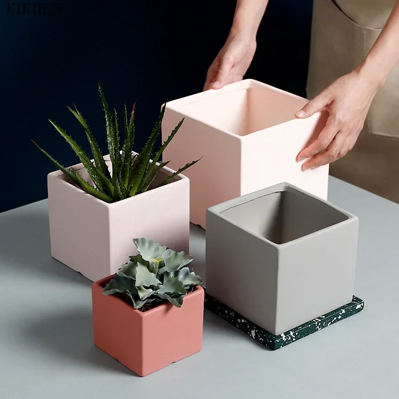 Nordic Color Square Ceramic Flowerpot Large Diameter Plant Potted Garden Decoration Living Room Countertop Flowerpot Decoration