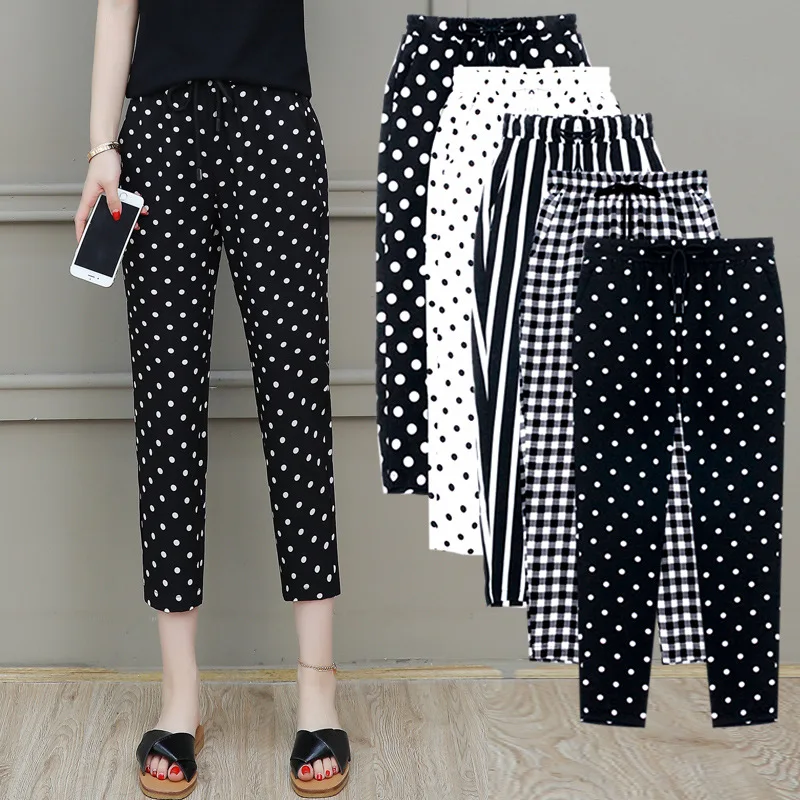 2024 Summer Dot Pattern Women New Large Size Wave Point Striped Appear Thin Cropped Pants Chiffon Elastic Waist Affordable Pants