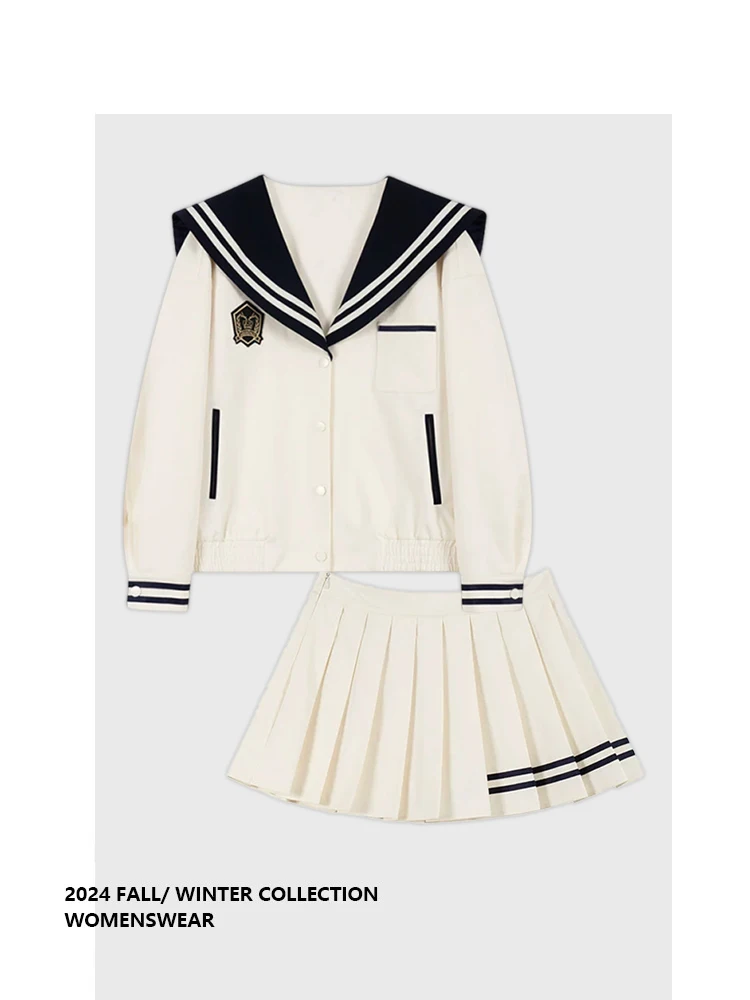 Conjunto de Saia e Casaco Estilo Colegial Forever 21 com Gola Azul Marinho para Mulheres, Conjunto de Saia Xadrez de Primavera e Outono, Roupa Feminina Estilo Universitário