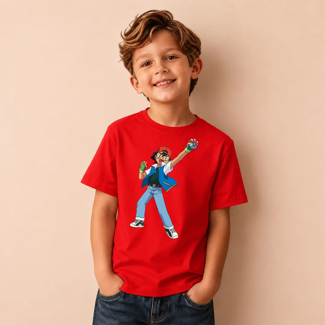 Kids Pokemon Ash Ketchum Print Short Sleeve T-Shirt Boys Cartoon Graphic Casual Tee Children Holiday Present