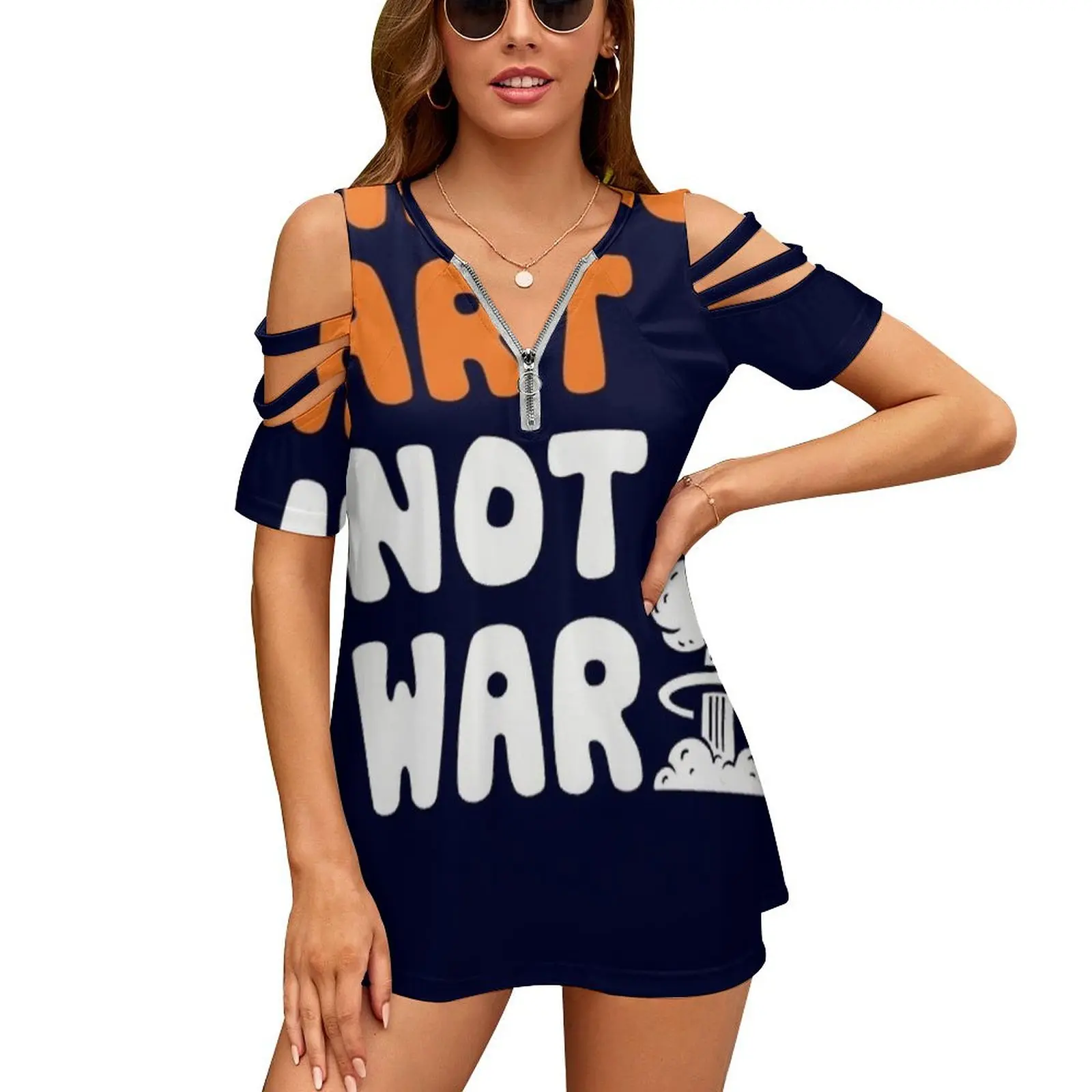 Make Art Not War Women's T-Shirt Summer Fashion Print Floral V-Neck Zipper Tshirt Hollow Pullover Ladies Top Make Art Not War