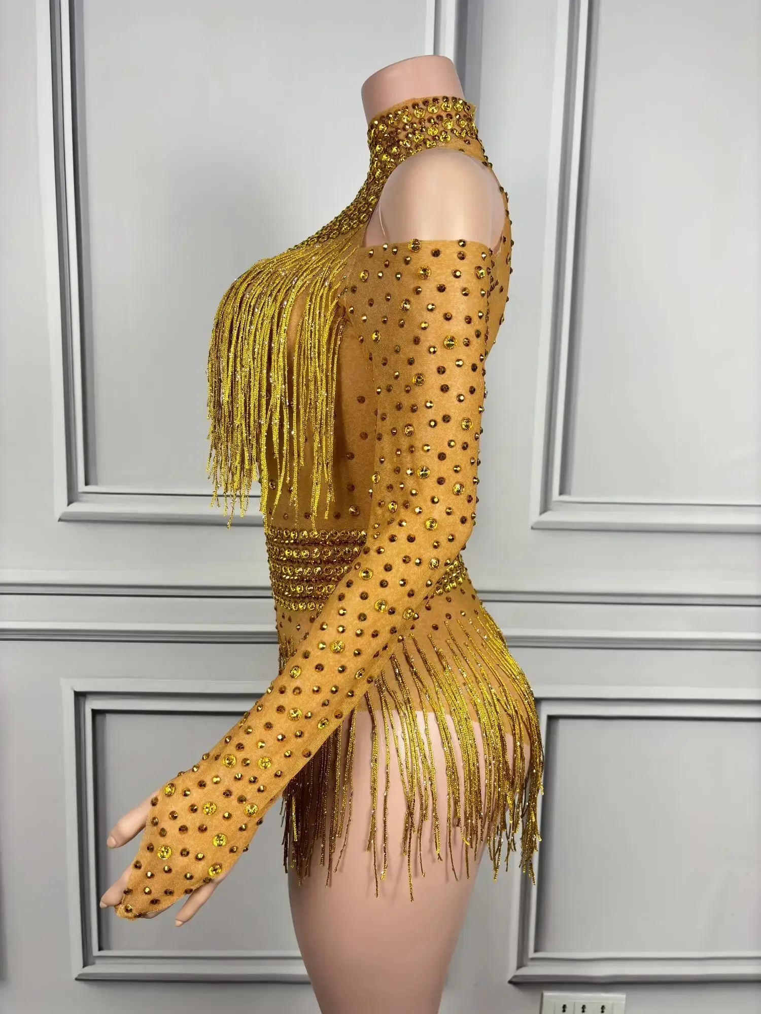 Боди с открытыми плечами и кисточками и длинными рукавами для женщин, комбинезон из спандекса, клубное шоу, боди для певицы, одежда для мероприятий, популярные девушки Nvtuan