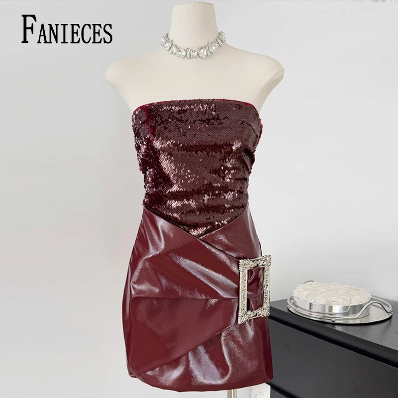 

FANIECE Sequin Strapless PU Leather Burgundy Mini Dress Women Summer Sleeveless Buckle Evening Party Dress Cocktail Luxury Dress