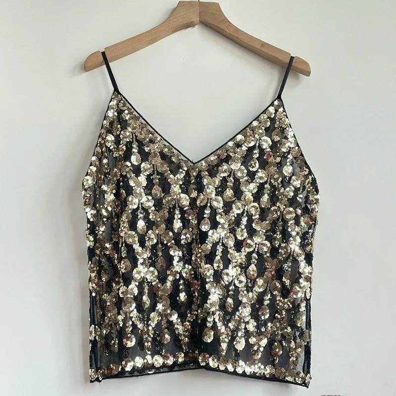 2024 Summer New Stacked Sequined Bead Sling Suspender Sexy Slim Fit Cropped V-Neck Mesh Spice Girl Ins Camis Chic Top